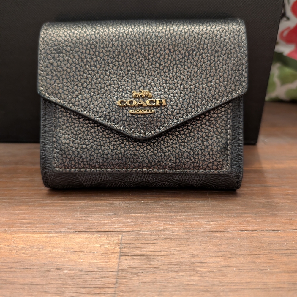 Coach Black Pebbled Leather Compact Envelope Wallet with Gold Logo